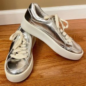 Free People Letterman Silver Leather Sneakers Sz 7